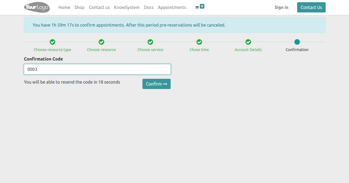 Confirmation code email to finish the appointment