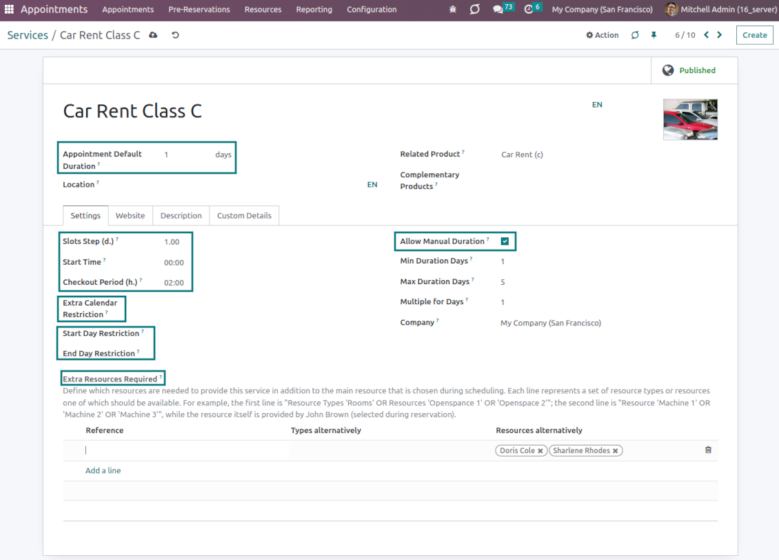 Service duration and price setup