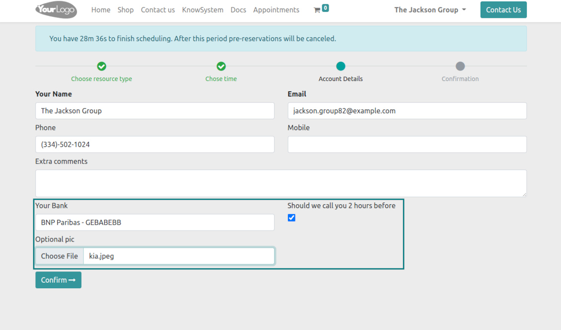 Appointment input form: custom details