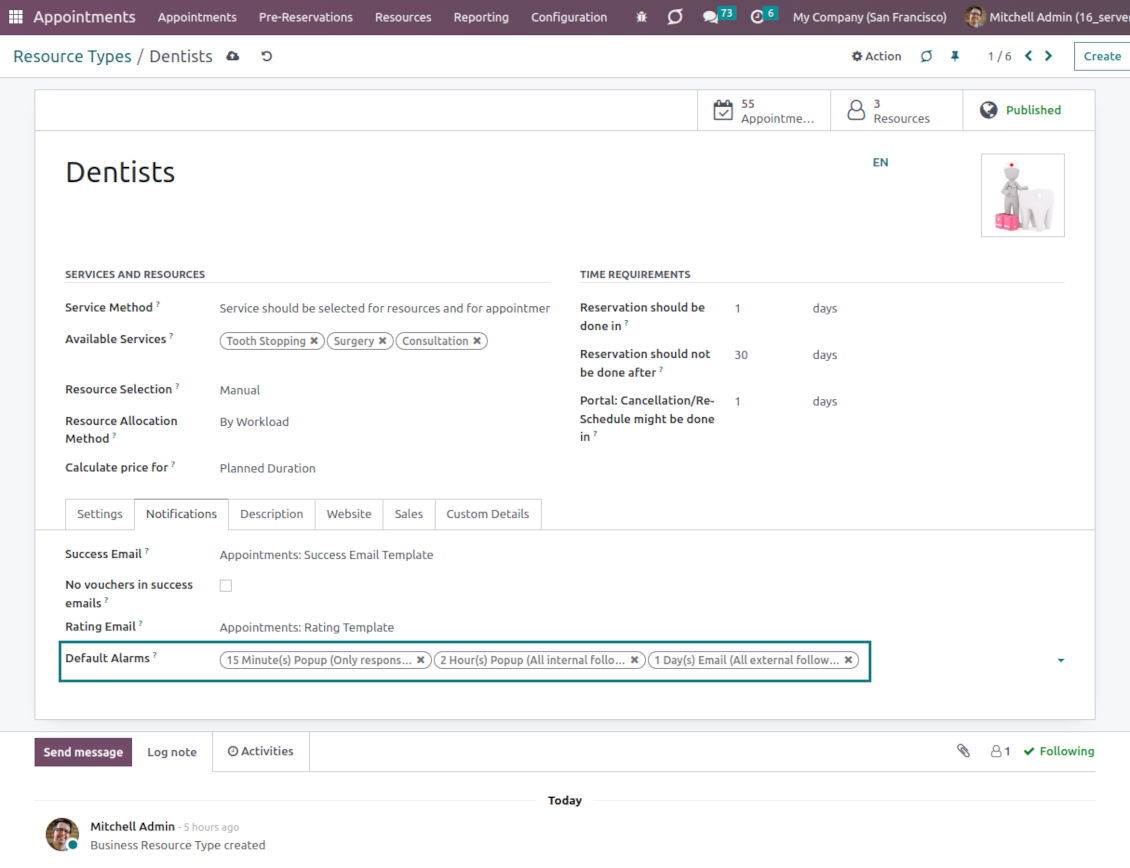 Resource type reminders for linked reservations