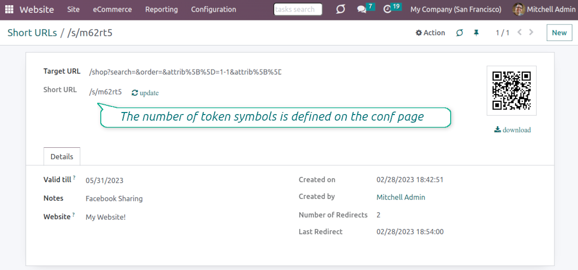 Odoo URL shortener auto tokens