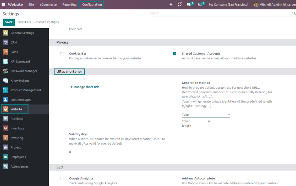 Settings for short urls