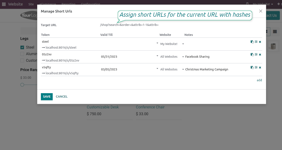 Odoo URL shortener from the website
