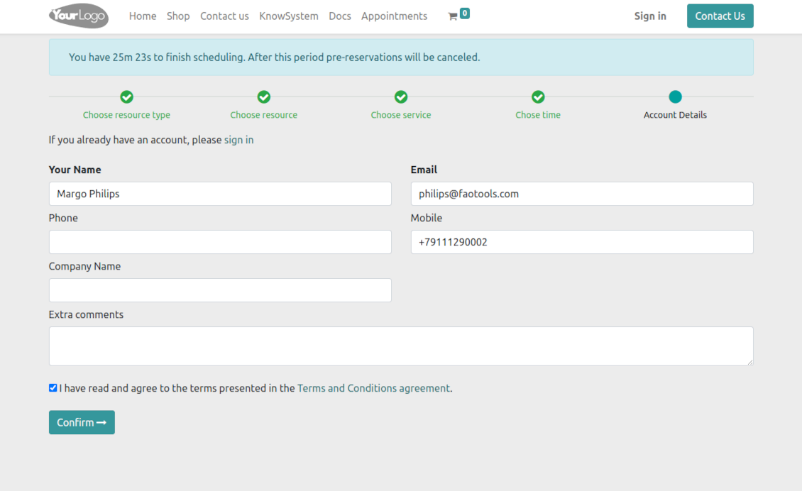 Odoo reservation: contact details