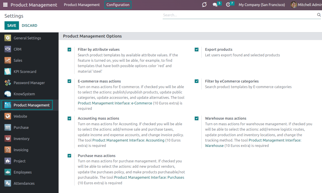 Product management optional features