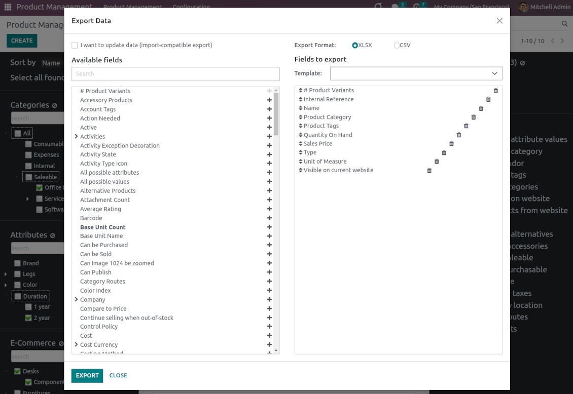 Export selected product templates