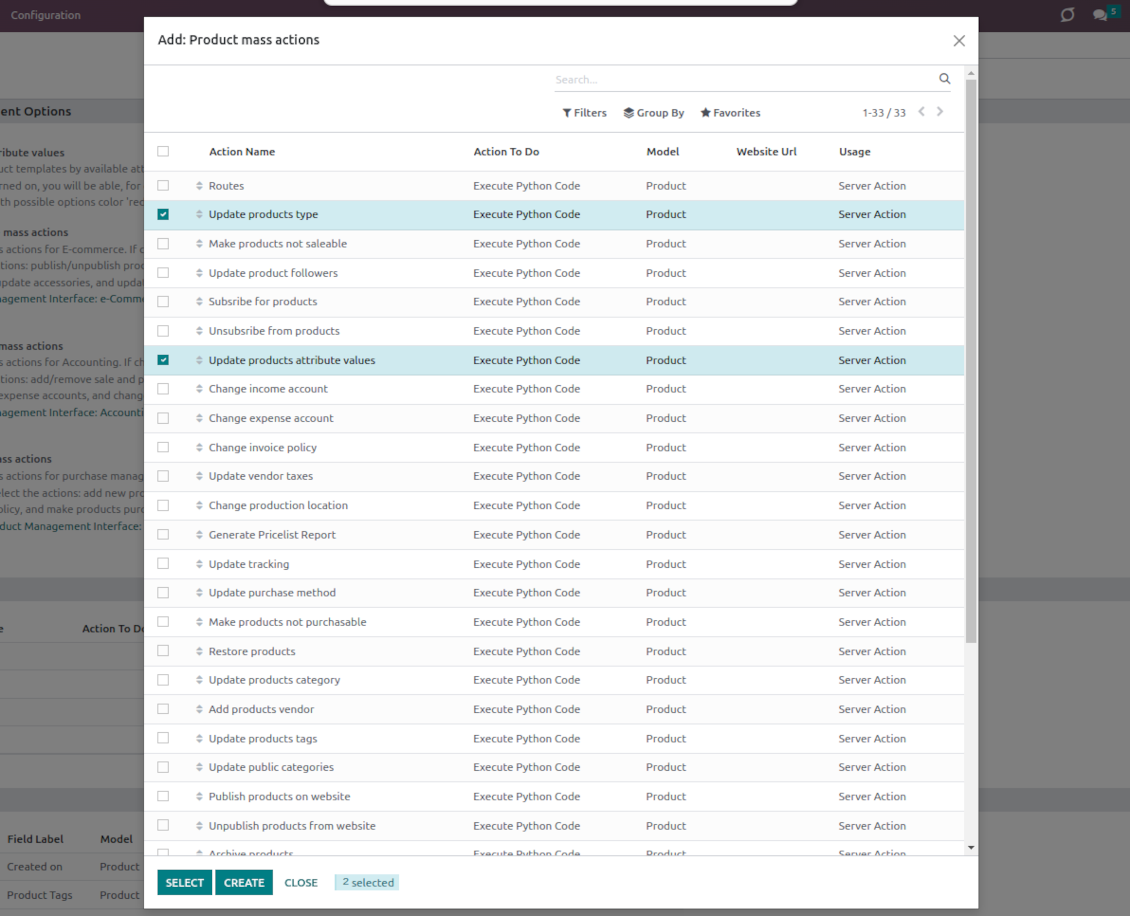 List of actions for product management