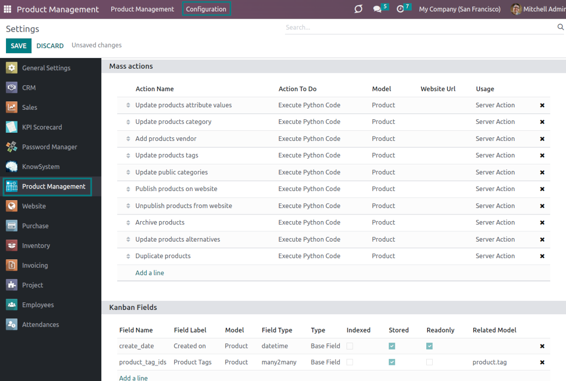 Set up mass actions and fields for product templates