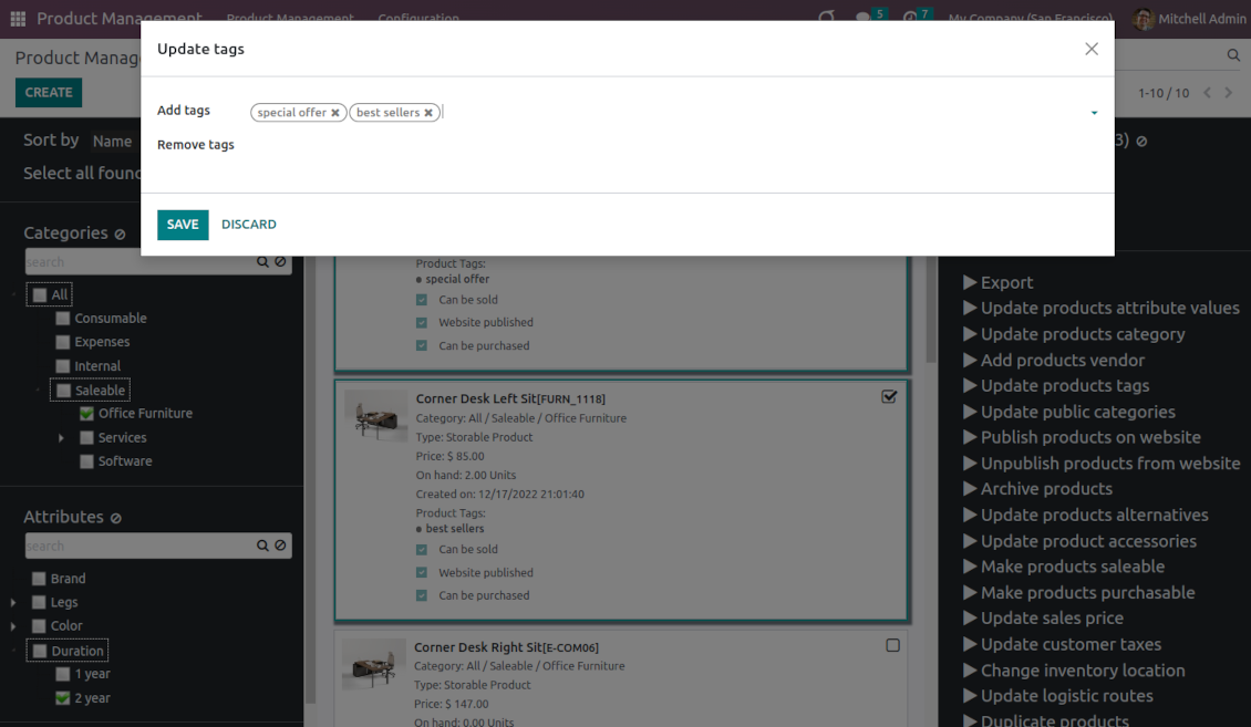Products quick tags editing