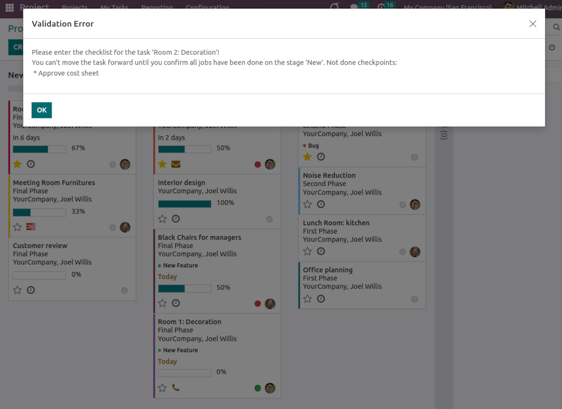 Validation error: the project checklist is not approved