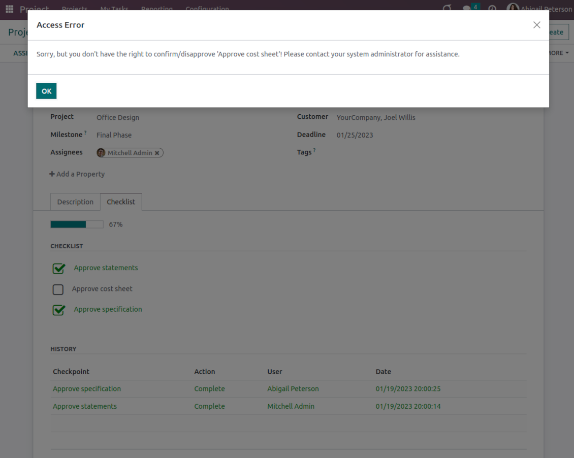 User groups per Odoo task checkpoint