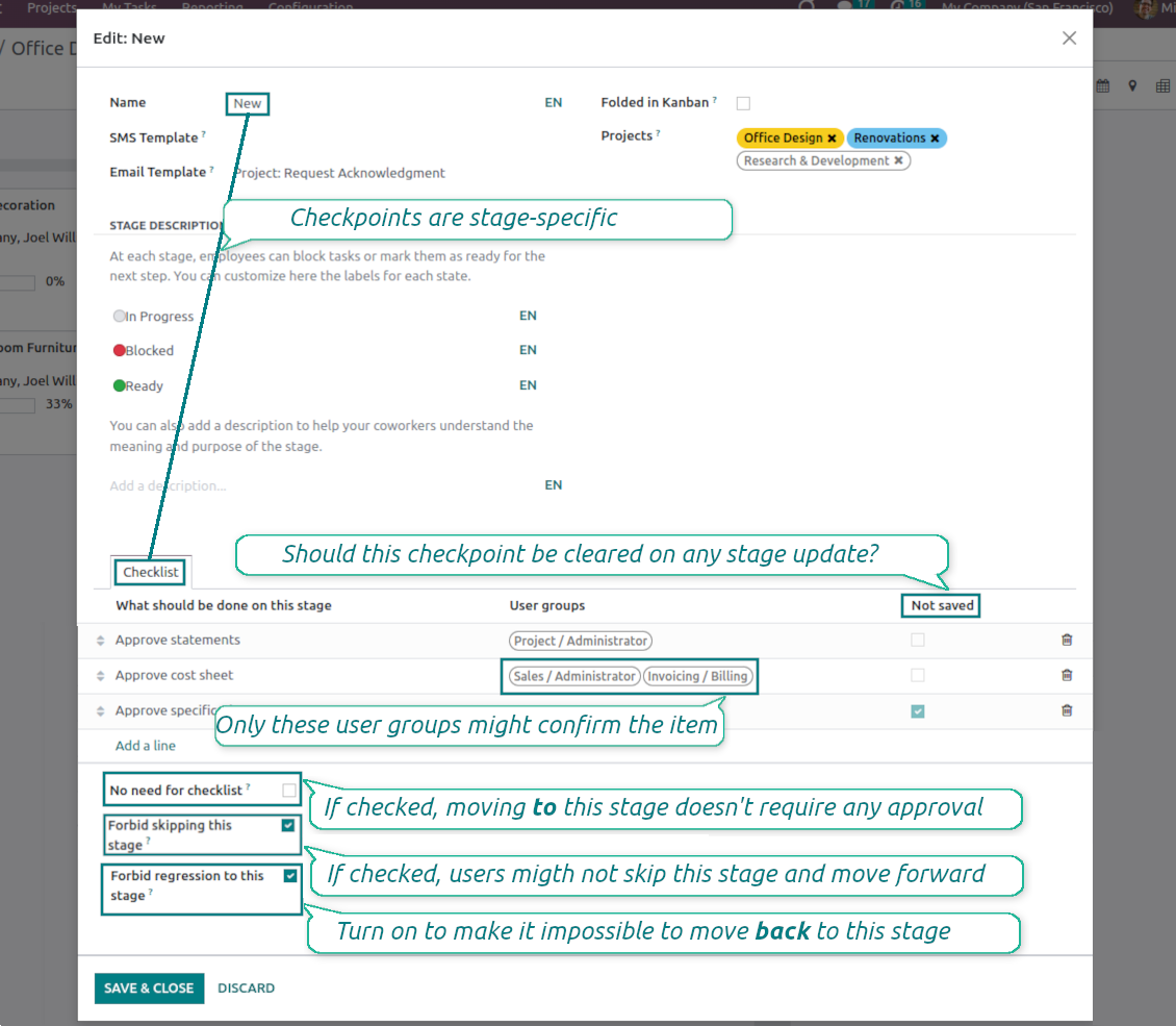 Check items per project stage