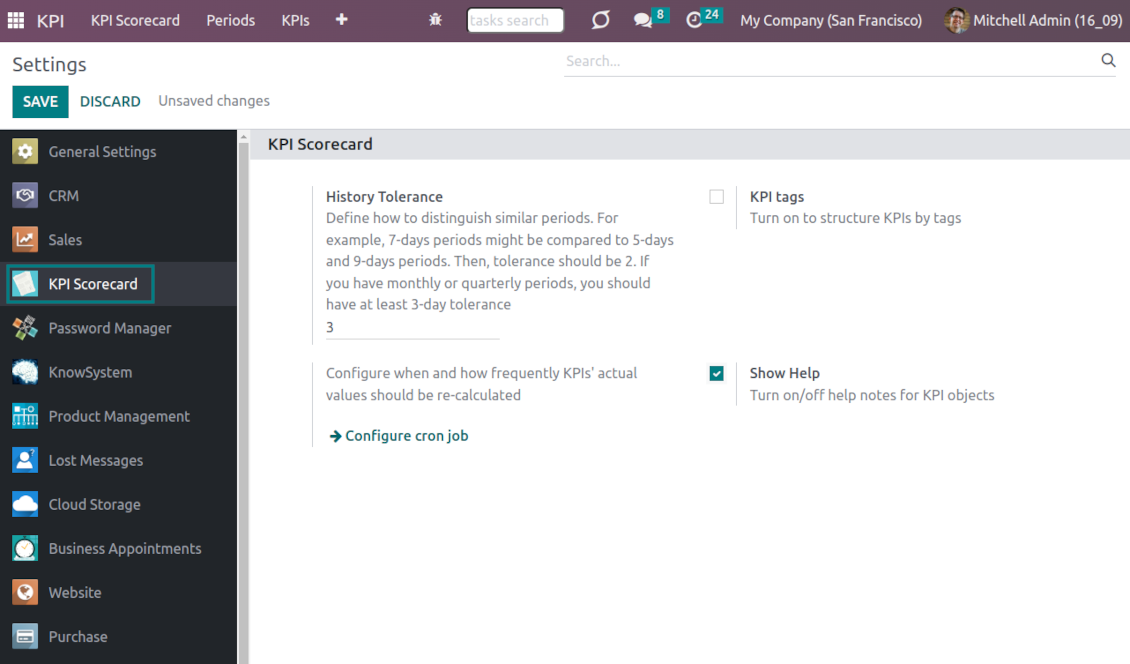 The KPI configuration page