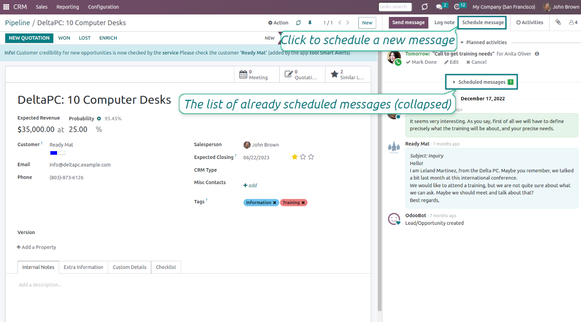 Odoo send message later feature