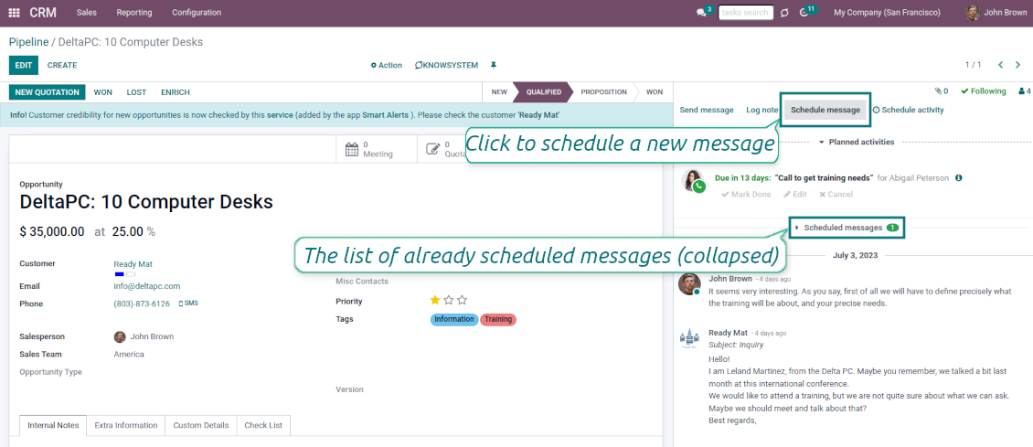 Odoo send message later feature