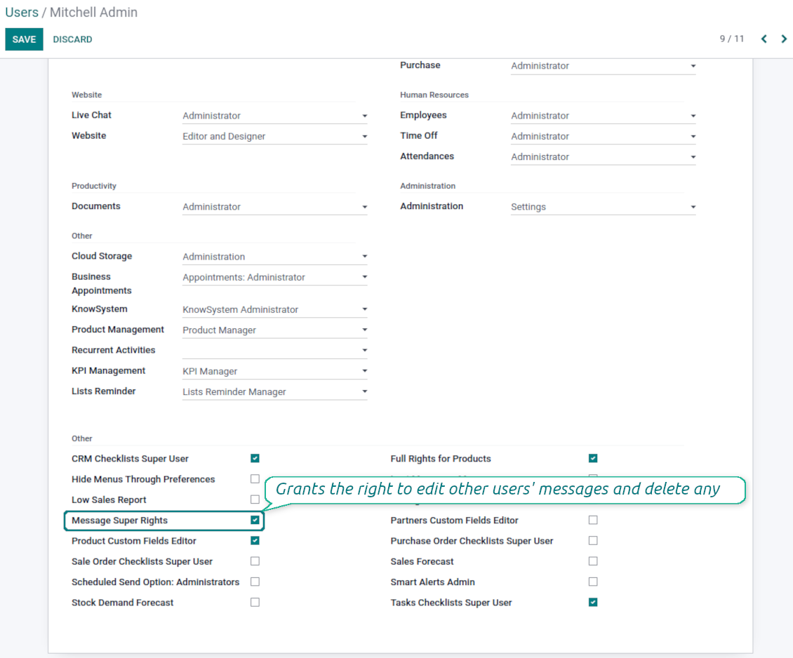 Super rights to manage Odoo notes and messages