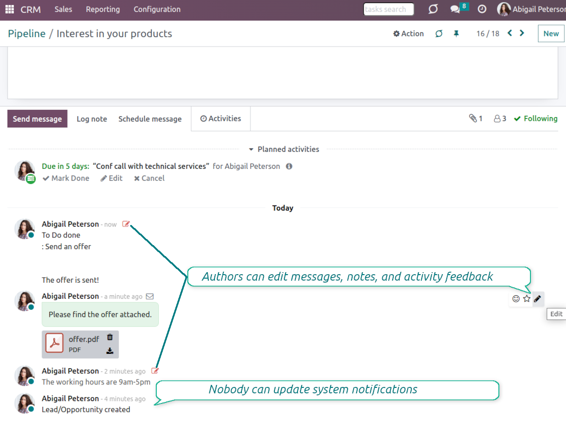 Inline Odoo messages editing