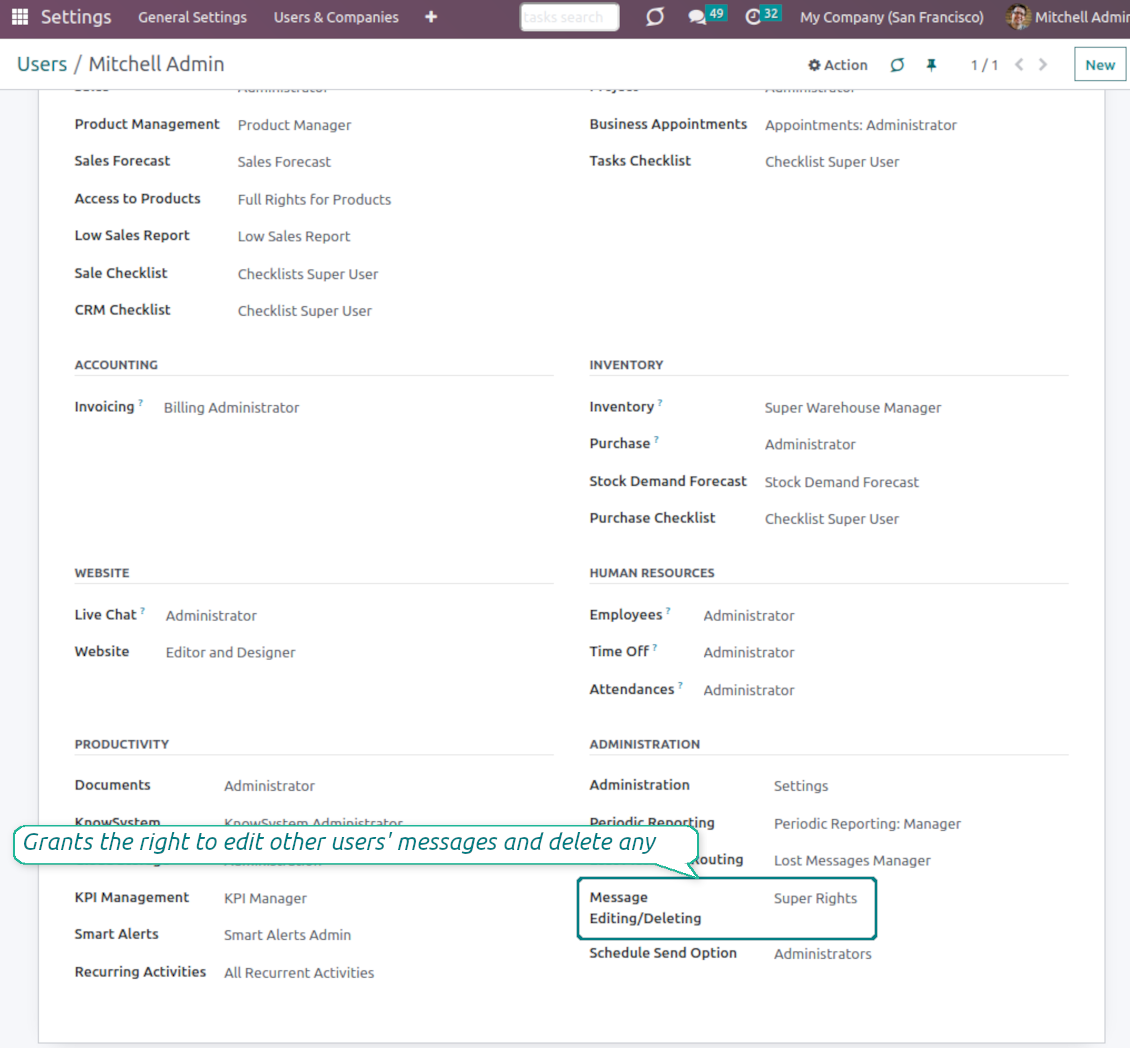 Super rights to manage Odoo notes and messages
