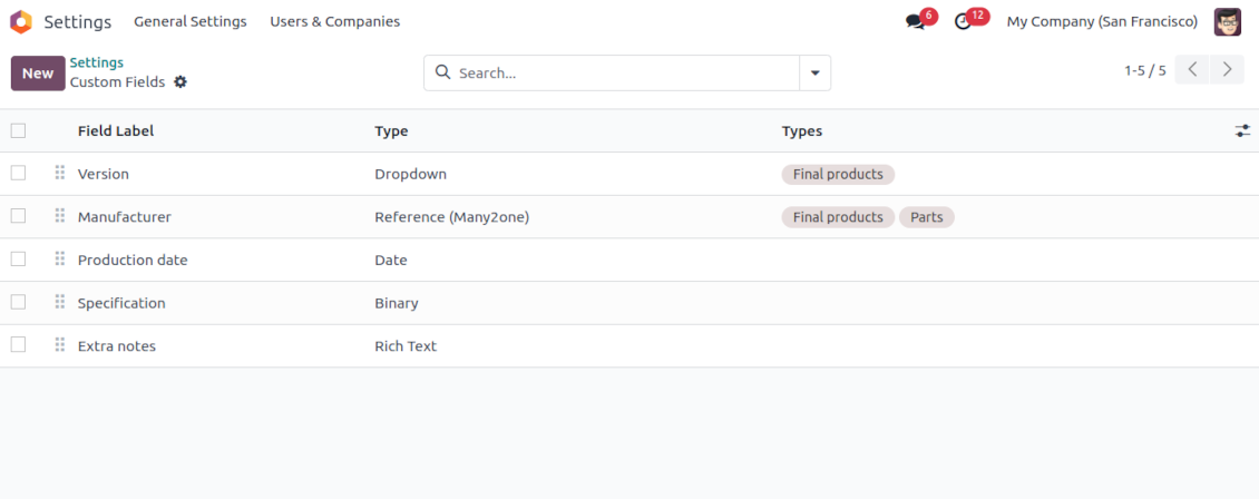 Odoo list of product custom fields