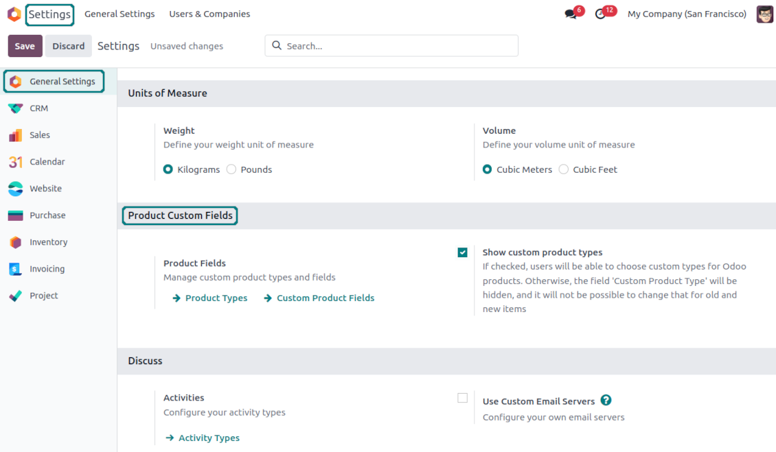 The configuration page for custom fields of products
