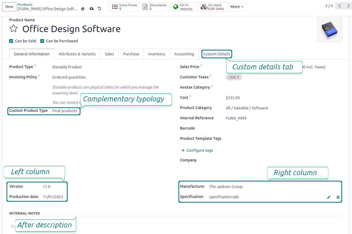 Customize properties of Odoo products