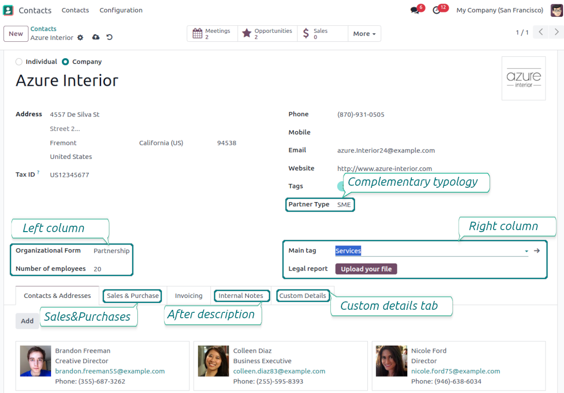 Customized Odoo form view of contacts