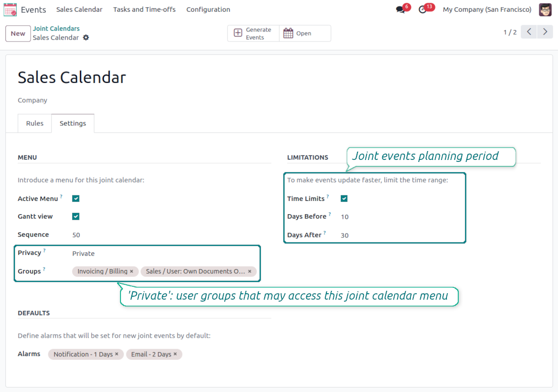 Advanced settings of the joint calendar