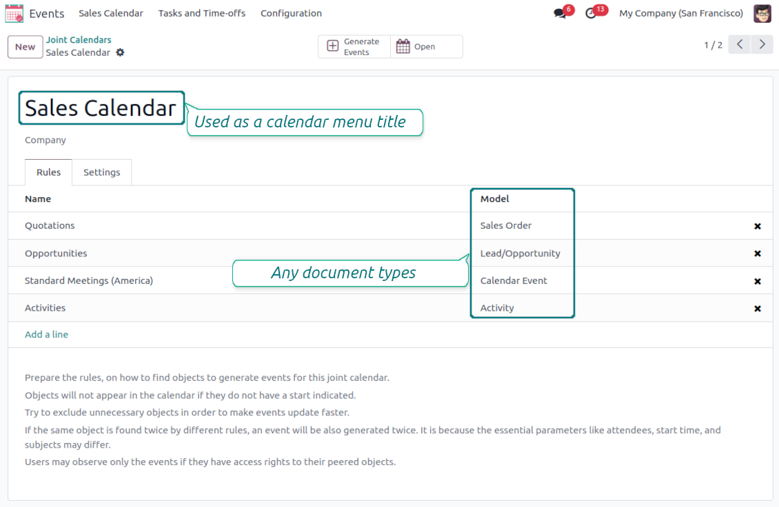 Shared calendar: combine various events