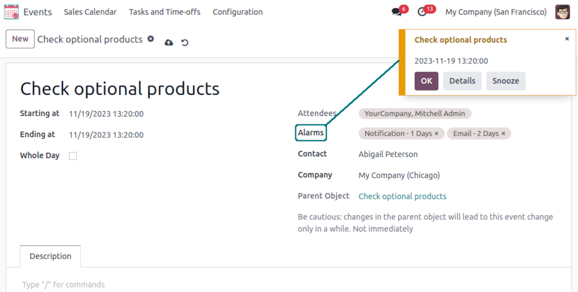 Popups and email alarms for Odoo objects