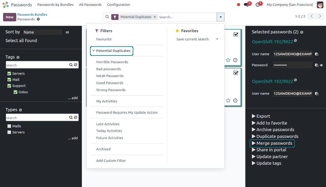 Passwords duplicates filter