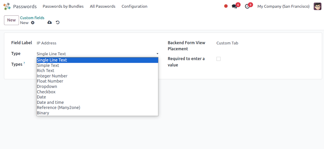 Custom fields for Odoo passwords