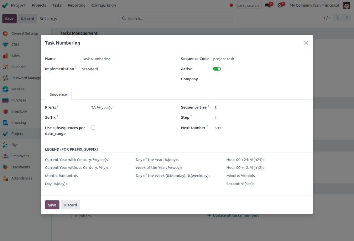 Project tasks: Odoo sequence