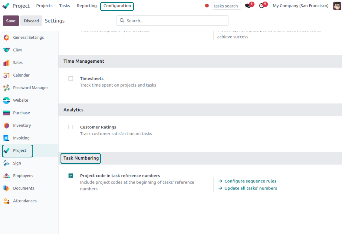 Odoo tasks' numbers configuration