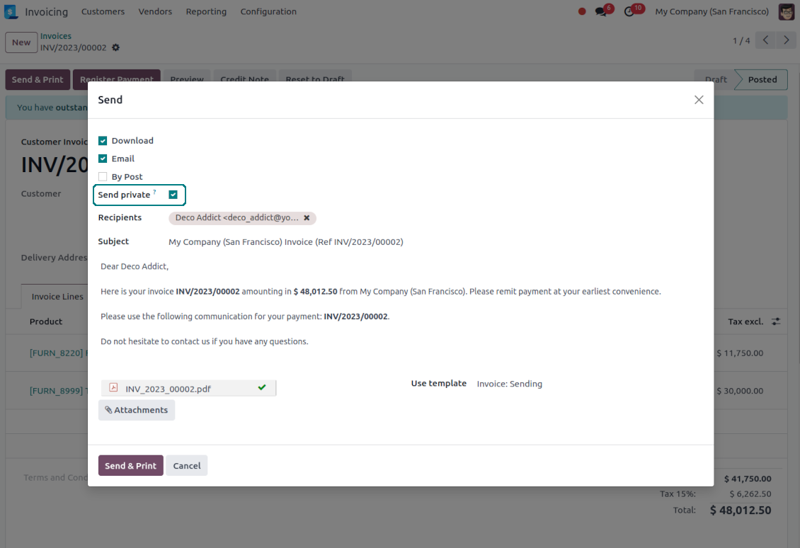 Internal invoice email composer