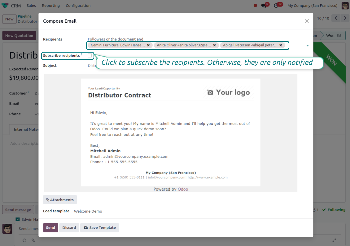 No auto subscription in Odoo email composer