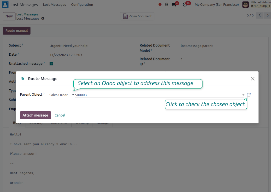 Odoo wizard to assign lost messages