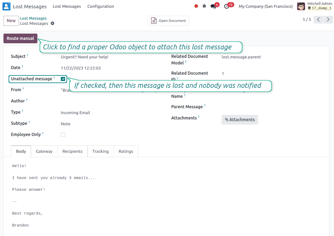 Open the Odoo wizard to address lost messages