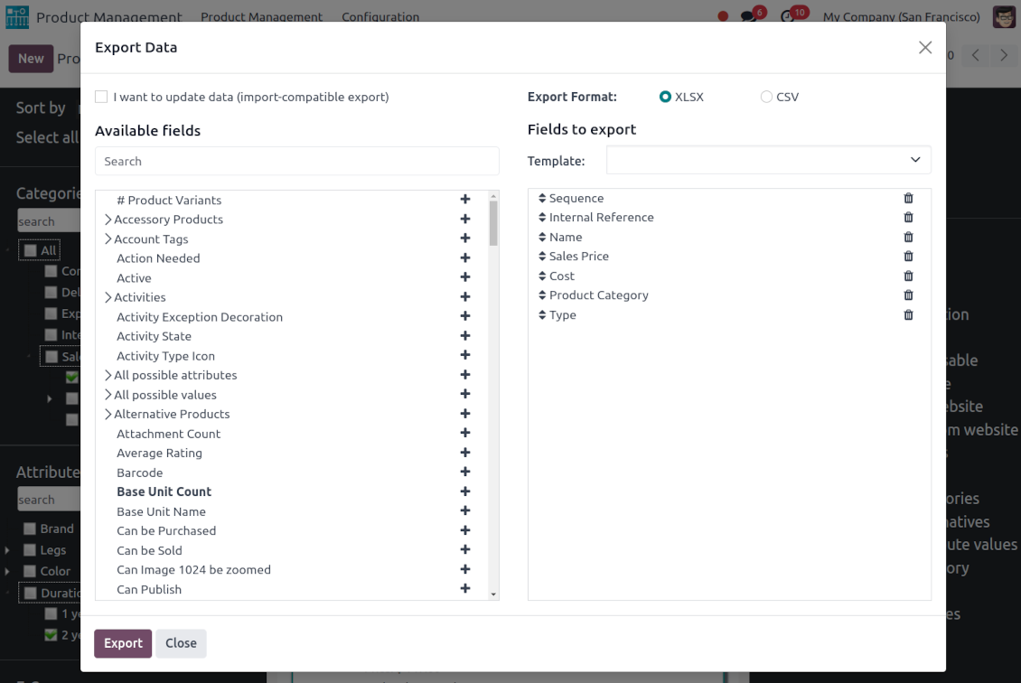 Export selected product templates