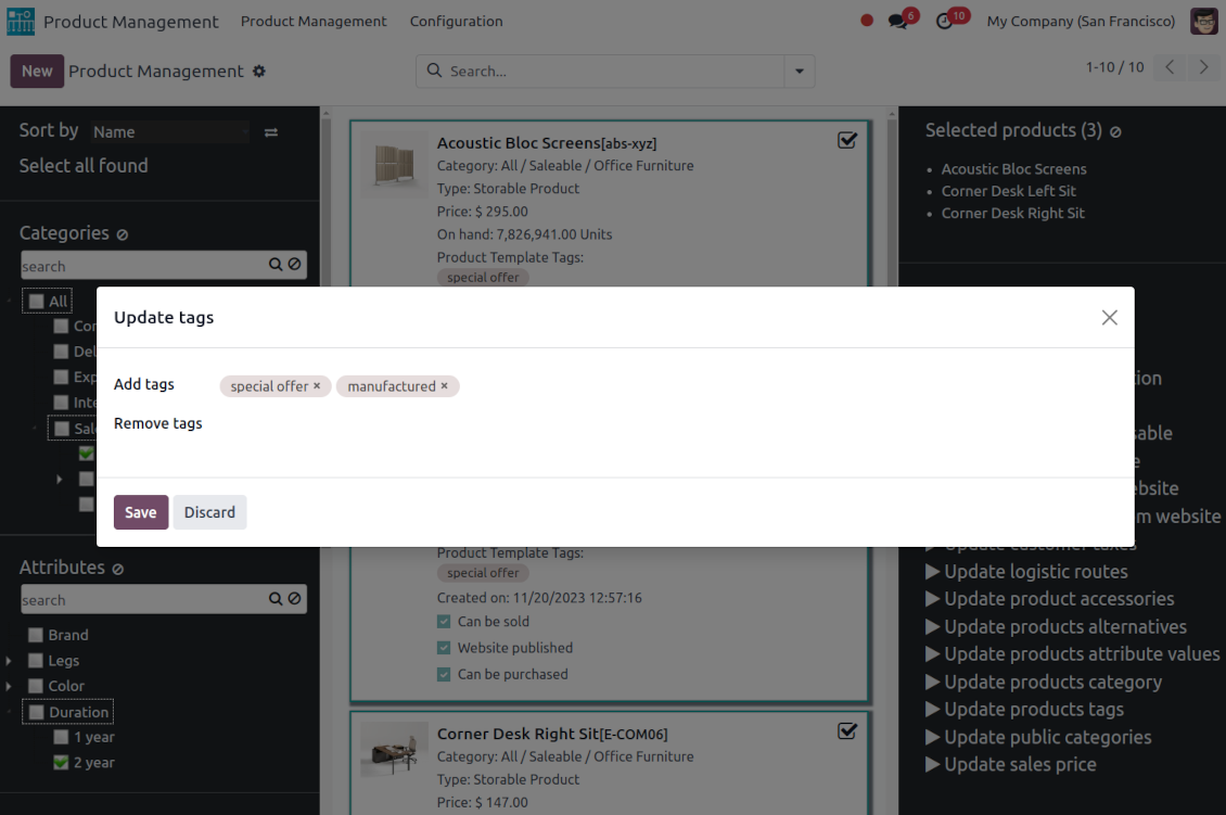 Products quick tags editing
