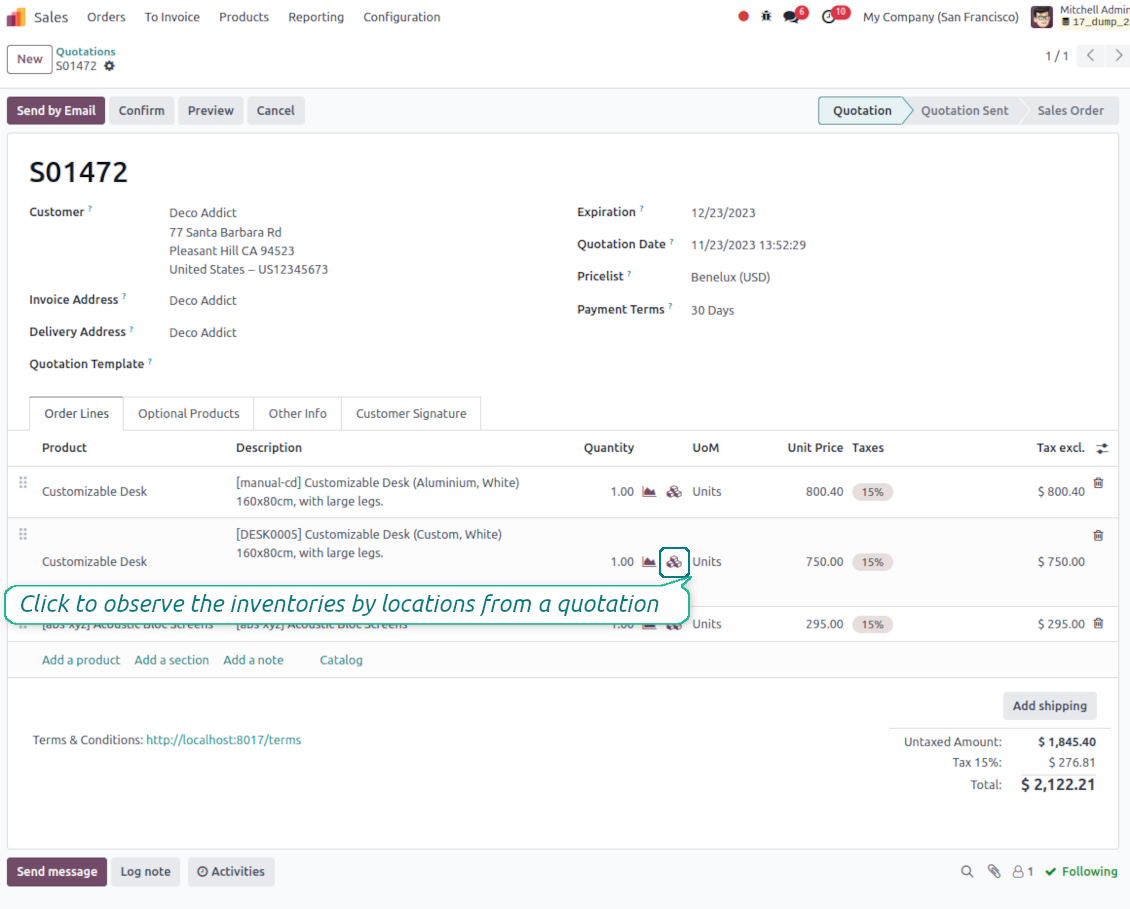 One click to observe inventories from a sale line