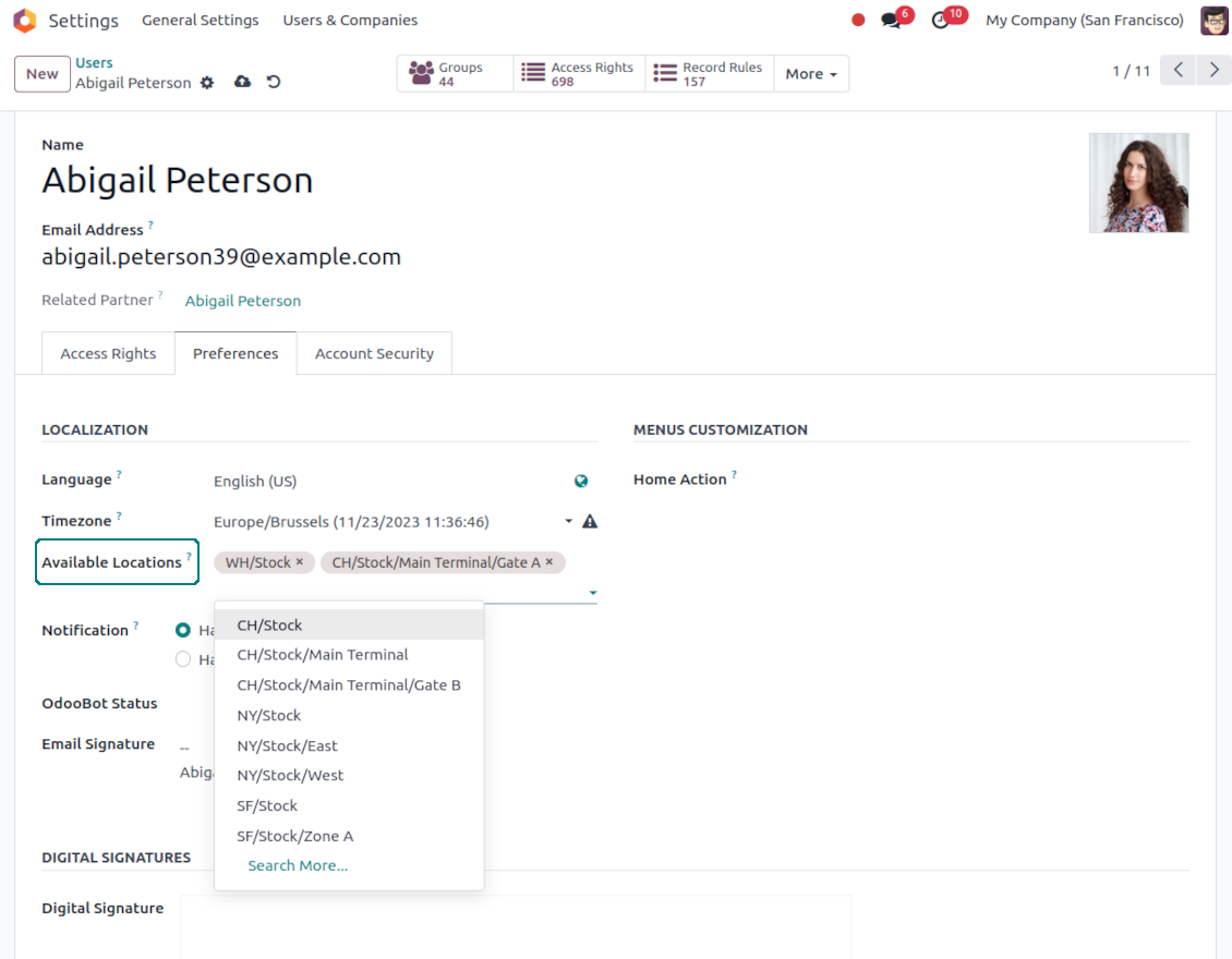 Available Odoo locations on a user form
