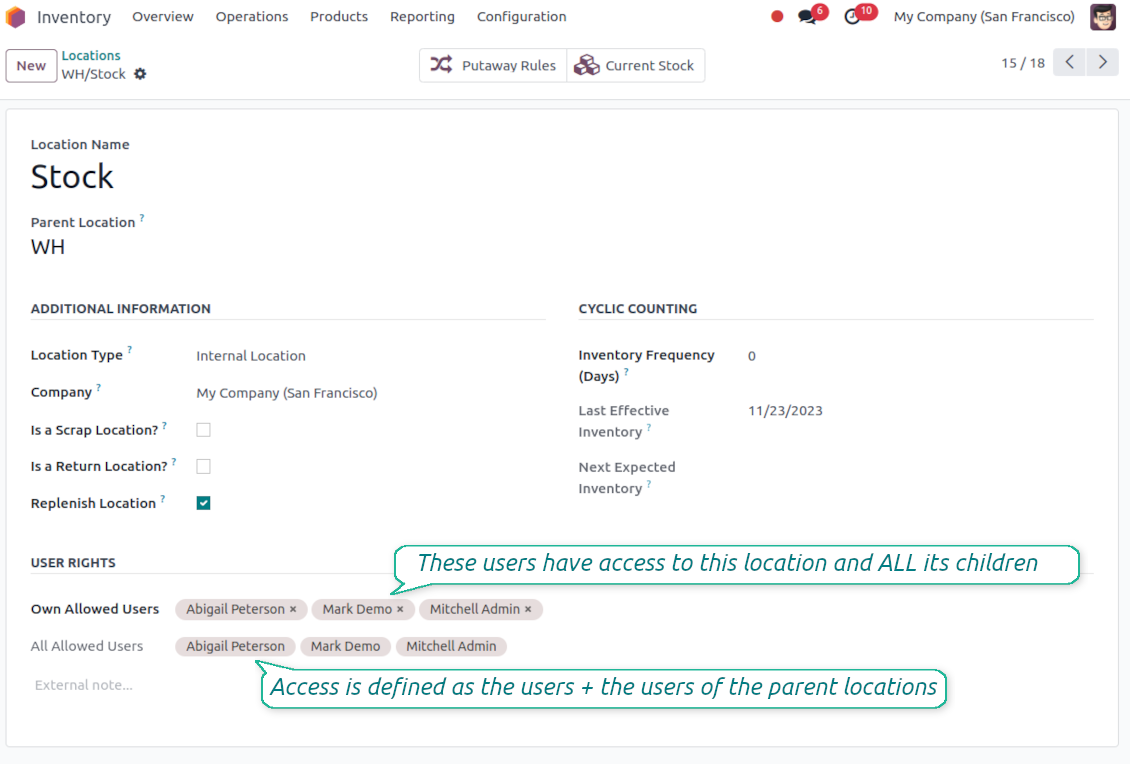 Odoo locations accepted users