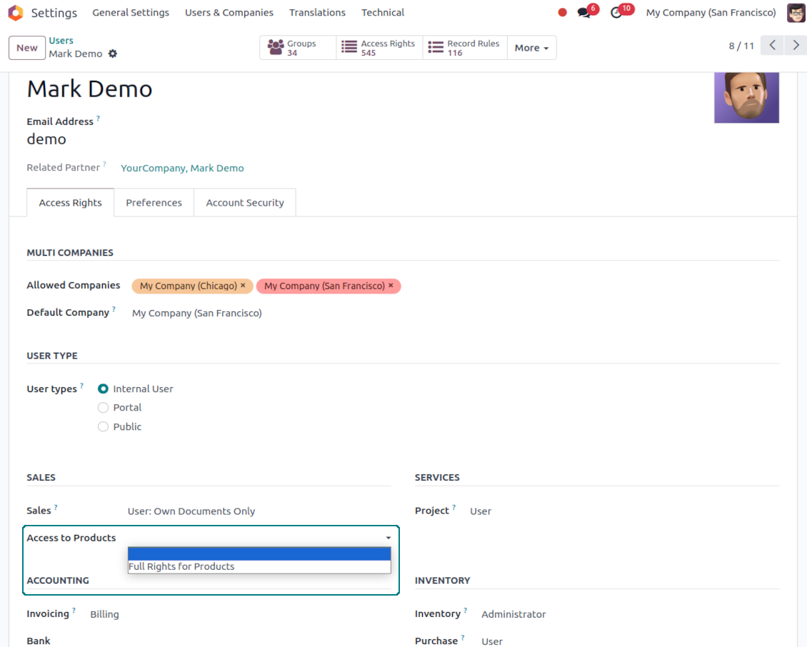 Access rights for Odoo products