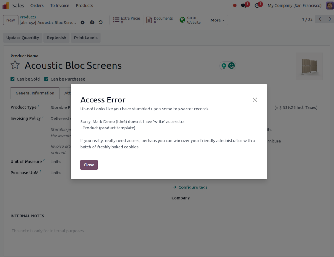 Odoo doesn't let simple users edit products