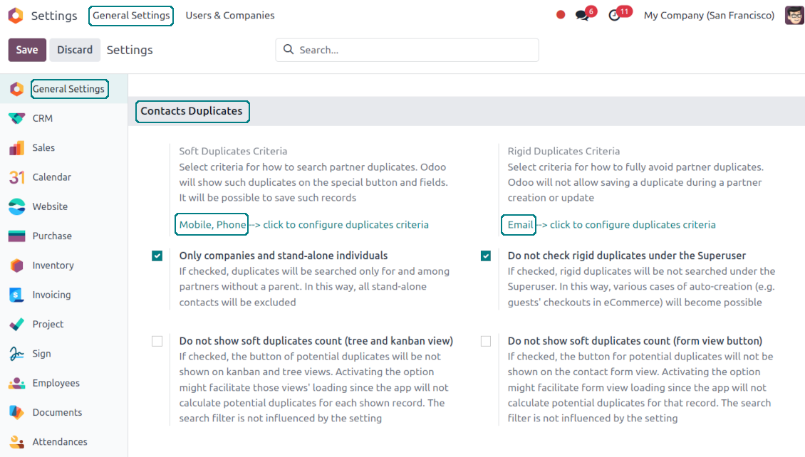 Odoo: configure soft and rigid criteria to search for duplicates