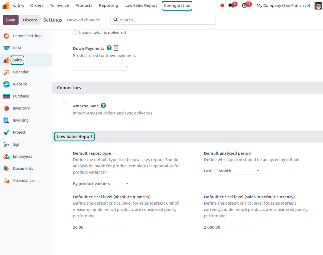 Default values to generate an Odoo sales report