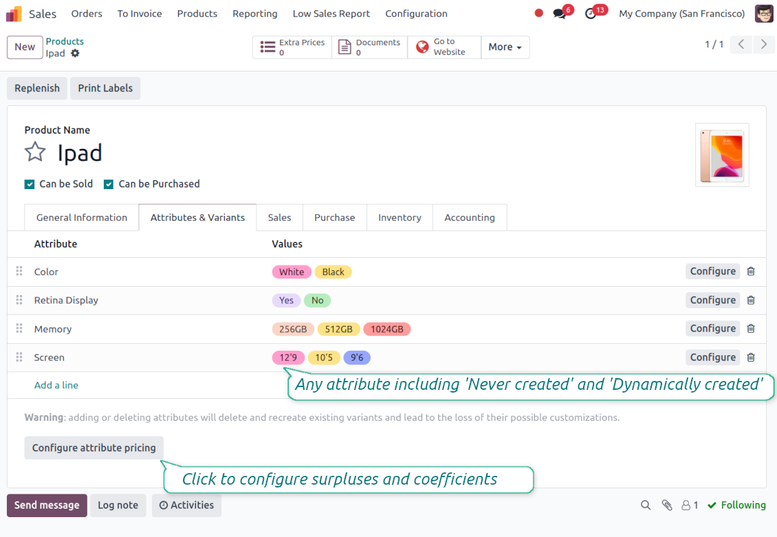 Odoo product template and attribute pricing configuration