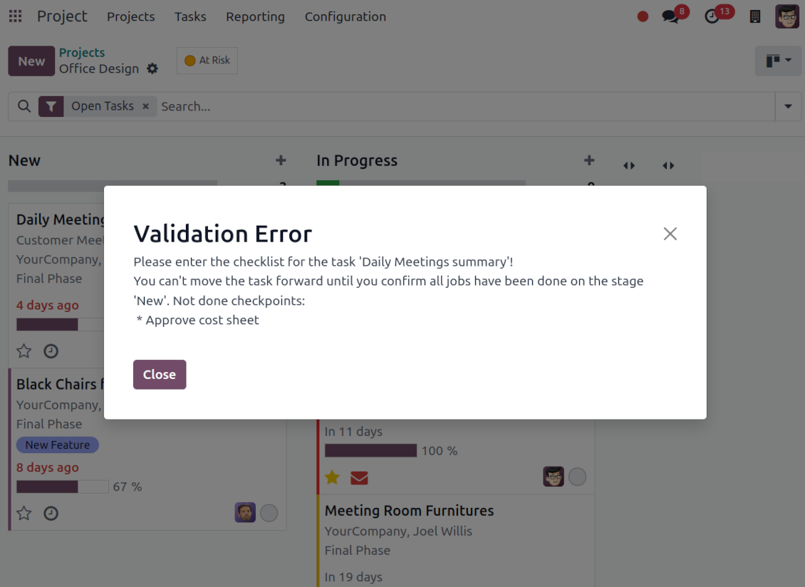 Validation error: the project checklist is not approved