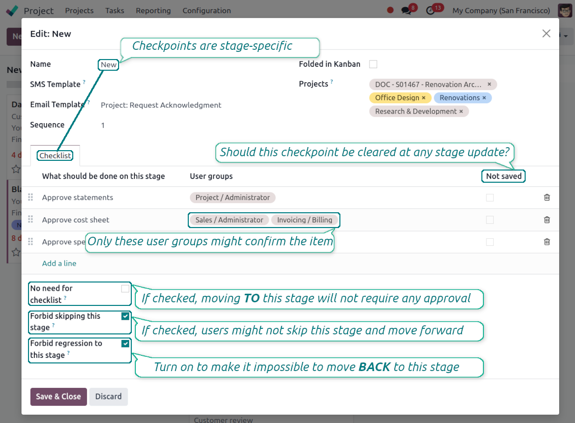 Check items per project stage
