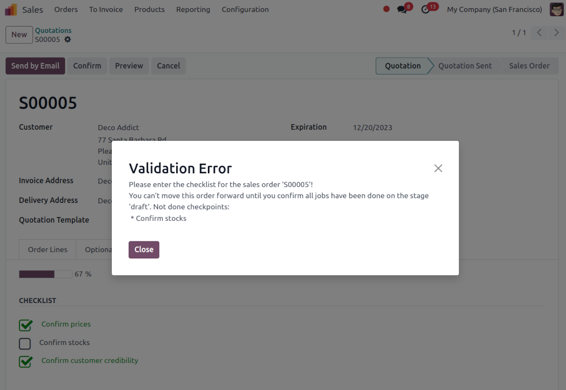 Validation error: the checklist is not approved